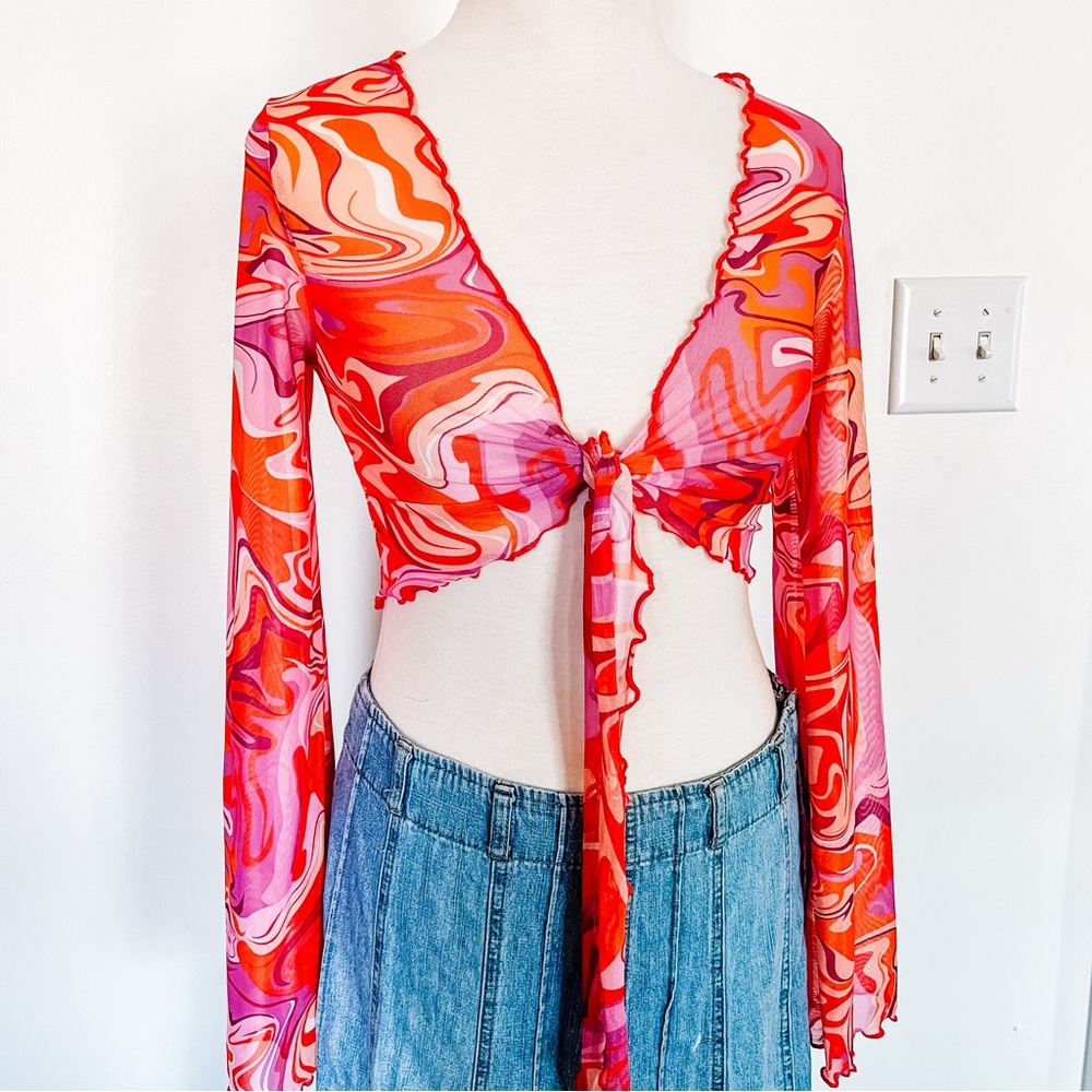Retro Style Mesh Cropped Bell Sleeve Front Tie Top